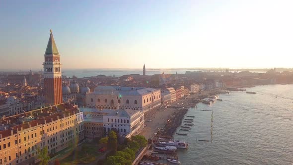 Aerial Orbit Over San Marco Square at Sunrise in Venice Italy alt