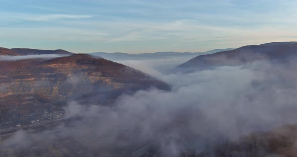 Misty Autumn Mountain Forest Landscape in the Morning of Beautiful Panorama alt