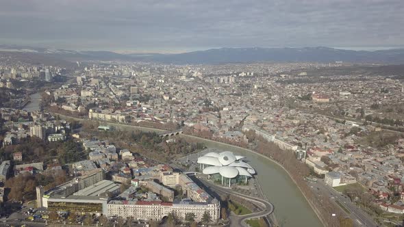 Aerial view of Baratashvili Bridge and Public Registry. Tbilisi Georgia alt