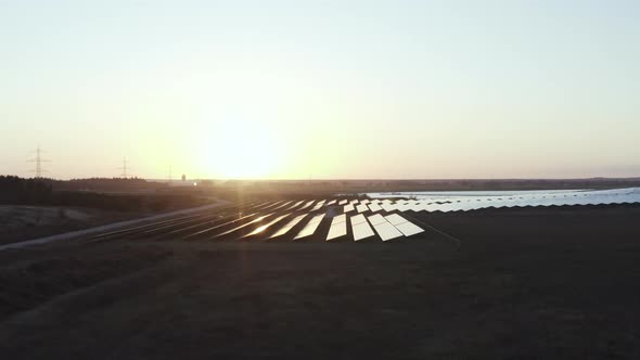 Aerial view of solar park at sunset in Germany