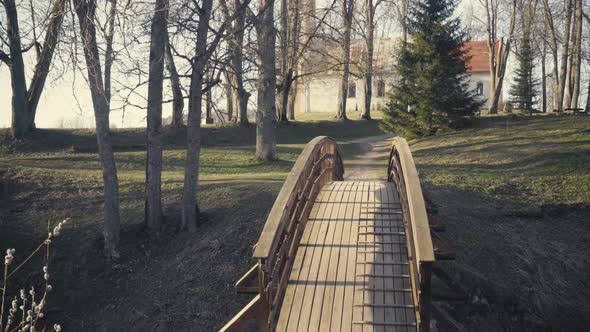 Crossing a wooden bridge in early spring