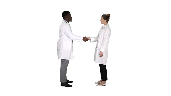 Nice to Meet You Doctors Meet and Shake Hands on White Background alt