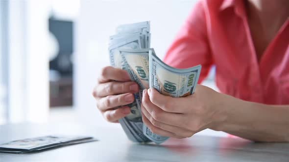 Businesswoman Hands Count Dollar Bills In Office.