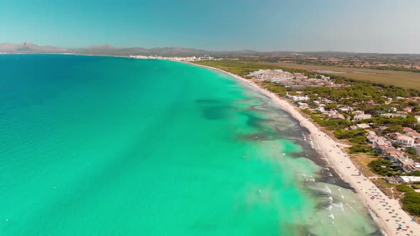 Aerial view of a beach in playa de Muro, Mallorca, Spain alt