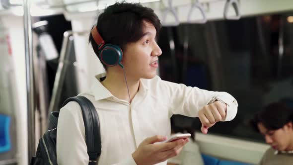 Businessman Using Mobile Phone on Public Train alt