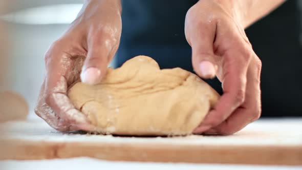 Close Up Housewife or Chef Hands Kneading Raw Dough Use Flour alt
