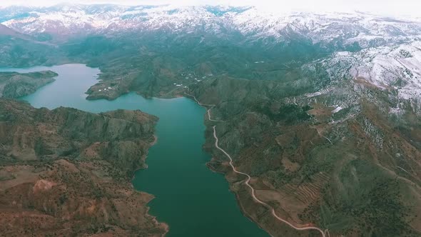 Aerial view of the raging river