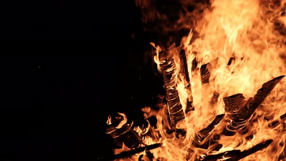 Big Bonfire Burns at Night in Slow Motion on a Black Background on Nature alt