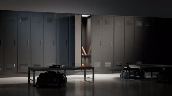 School changing room interior. Dressing room with grey lockers in a sports club. alt