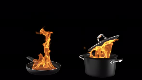 Fire burns in a frying pan and in a saucepan on a black background.