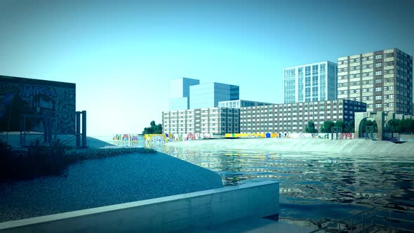 Animation of building the tied-arch bridge in the fictional town. Time-lapse. HD alt