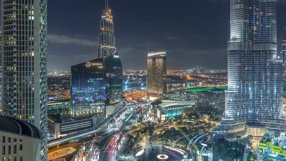 Amazing Aerial View of Dubai Downtown Skyscrapers Night Timelapse Dubai United Arab Emirates alt