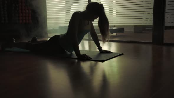 The Silhouette of a Sporty Sexy Woman Doing Yoga in the Gym on Sports Rug alt