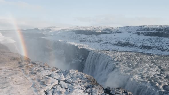 Super Slow Motion of Dettifoss Waterfall and Rainbow