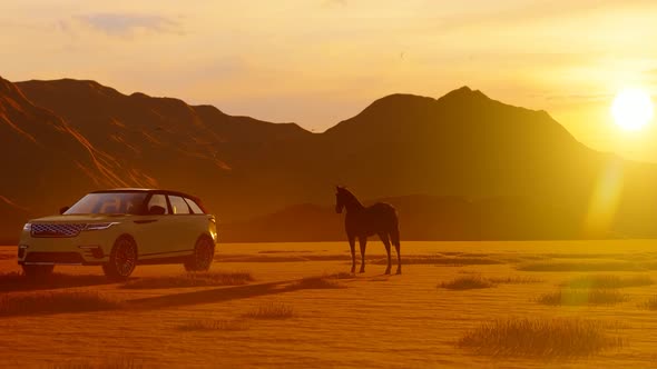 Horses and White Luxury Off-Road Vehicle in Mountainous Area with Sunset View