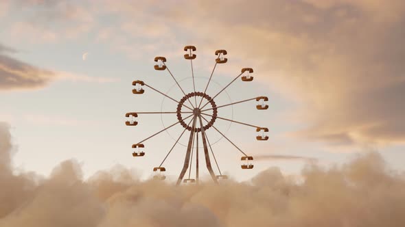 Loop Of Old Moving Ferris Wheel Over Fluffy Clouds In Front Of Beautiful Sky