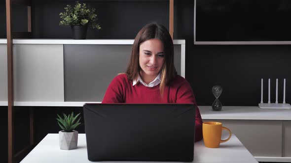 Smiling Business Woman Entrepreneur Focused Typing on Laptop Doing Research alt