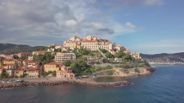 Imperia Borgo Prino Porto Maurizio aerial view in Liguria, Mediterranean sea, Italy. Travel destinat alt
