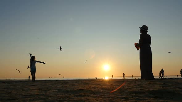 Young Mother With Children Feeding Seagulls On The Seashore. Summertime Evening.  alt