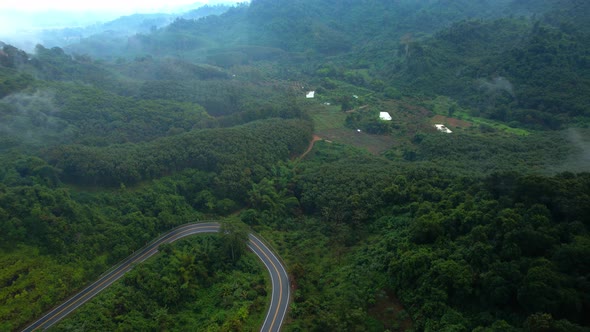 An aerial view of a winding road with cars running in a tropical forest, Thailand. alt