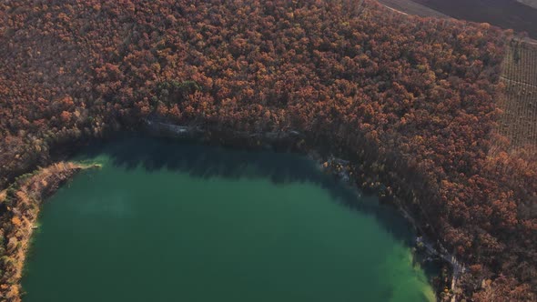 High Above Drone View on Clear Turquoise Blue Colored Lake and Beautiful Autumn Forest Aerial View