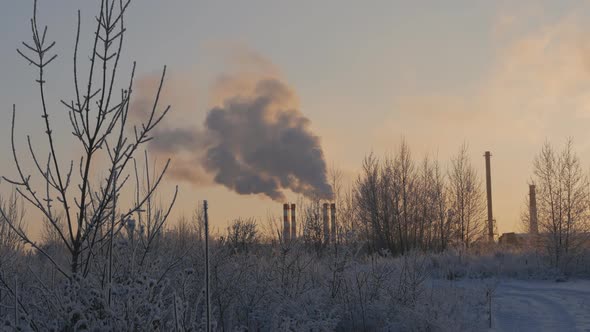 Winter Industrial Landscape. Smoke and Hot Steam Come Out of Several Pipes of the Fuel Power Plant