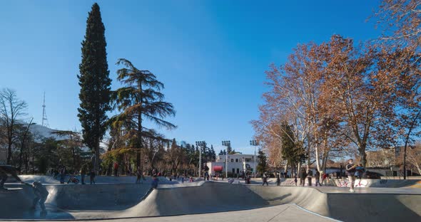 Tbilisi, Georgia - January 23 2022: Time lapse shot of Skate park in the center of Tbilisi, Deda ena alt