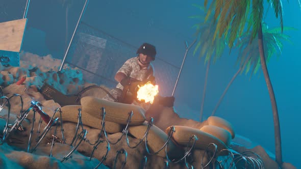 Soldier screaming and shooting minigun. Military guy in a trench. Battle.Attack alt