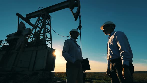 Two Oil Workers Talking and Shaking Hands with Pumpjack Working in Background alt