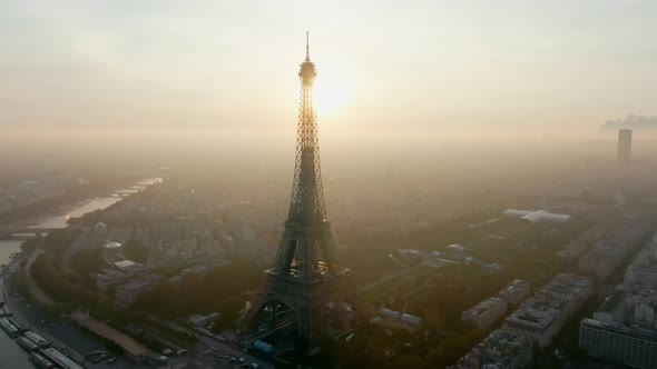 Aerial Panorama of Paris Cityscape with Eiffel Tower and Seine River in France