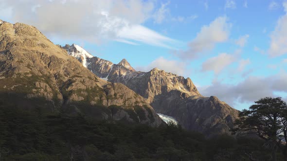 Wide shot of Piedras Blancas glacier and Cerro Electrico in Argentinian Patagonia alt