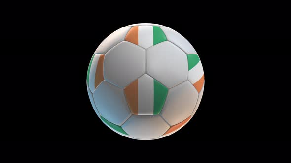 Soccer ball with flag Republic of Ireland, on black background loop alpha
