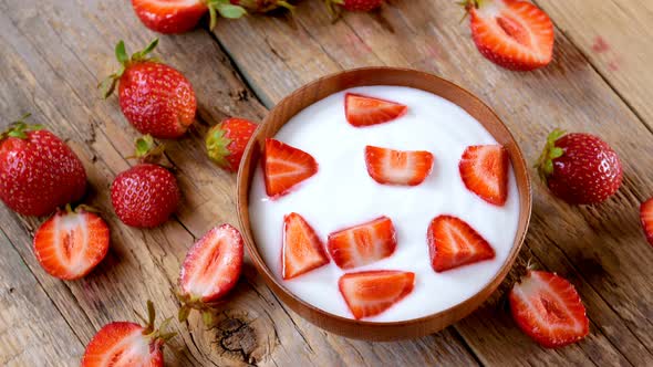 Strawberry Yogurt in Wood Bowl 