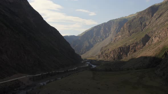 Valley Chulyshman with river and mountains with blue clear sky in Altai