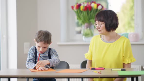 Medium Shot Intelligent Pedagogue Clapping Supporting Autistic Boy Painting Sitting in School alt