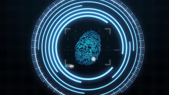 Blue fingerprint scanner HUD holographic technology with grid line background