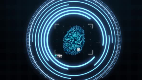 Blue fingerprint scanner HUD holographic technology with grid line background alt