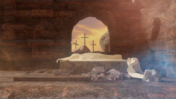 Crucifixion And Resurrection. Empty Tomb Of Jesus With Crosses Easter Or Resurrection Concept