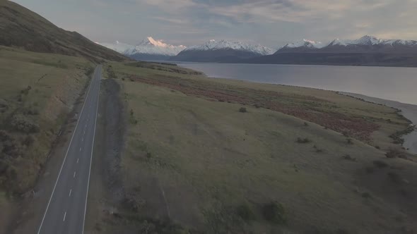 Empty road to Mt Cook aerial