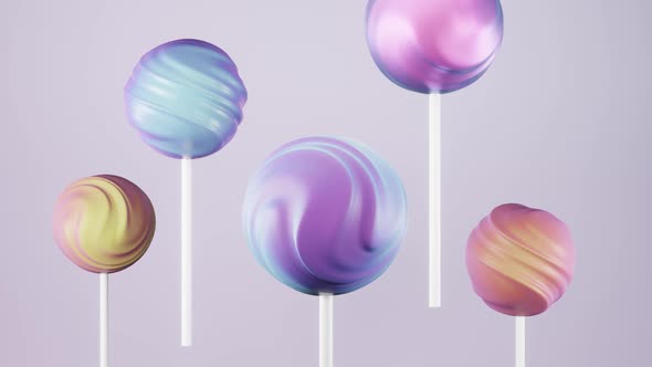 Rotating lollipop sweet candies on stick, pastel background, 3d rendering