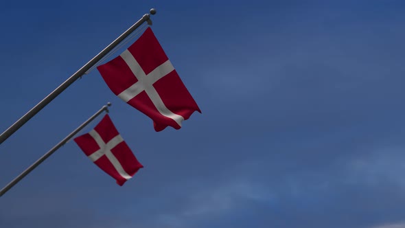 Denmark  Flags In The Blue Sky - 4K