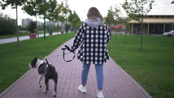 Back View Young Woman with Dog Walking on Alley in City Outdoors alt