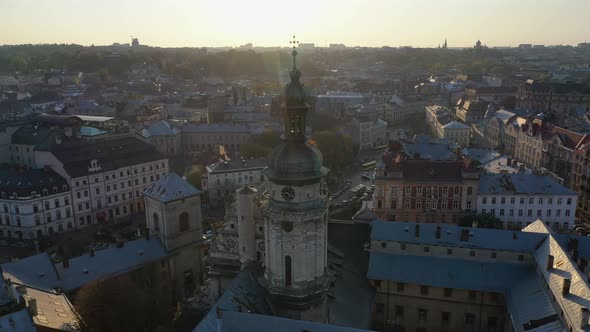 Aerial Video of Church in Central Part of Old City of Lviv, Ukraine alt
