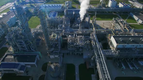 Morning Aerial Flying Panorama Over Chemical Plant Produces Gasoline and Mineral Fertilisers