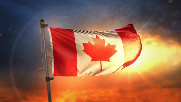 Canada Flag Backlit At Beautiful Sunrise Loop Slow Motion alt