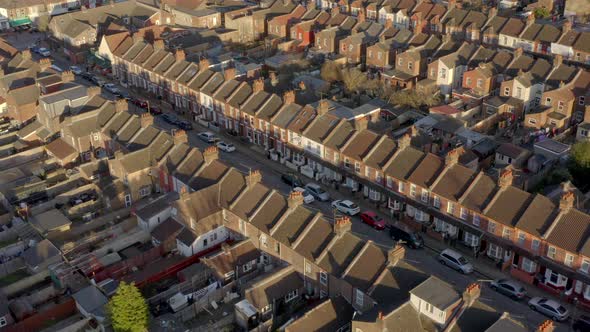 Aerial View of Terraced Working Class Housing in Luton at Sunset alt