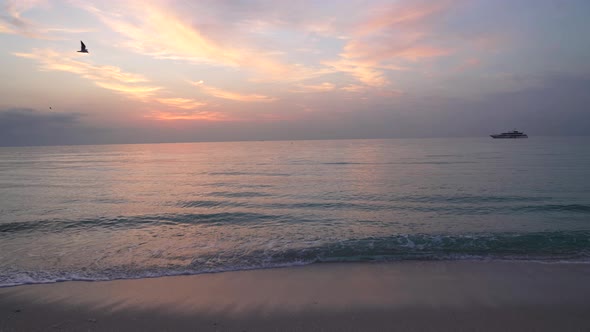 Slow Motion of Seagulls Flying Above the Sea Water with Ship Silhouette on Sunrise Maldives