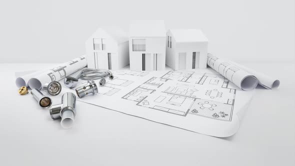 planning of house plumbing, components, equipment and plumber work tools on blueprint with model hou
