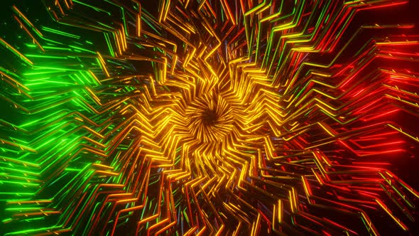 Abstract 3d Render of Rotating Curved Divergent and Converging Glow Colored Rods or Tubes on Black