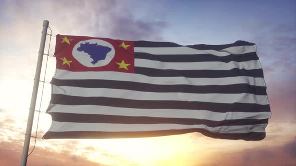 Sao Paulo State Flag Waving in the Wind Sky and Sun Background alt